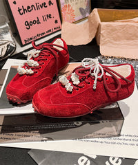 Chic Splicing Flats Purple Suede Lace Up Pearl Zircon