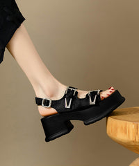 Chic Splicing Chunky Sandals Black Cowhide Leather Peep Toe