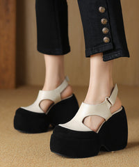 Fashion Splicing Platform Sandals White Cowhide Leather Hollow Out