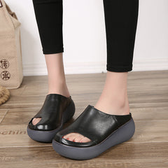 Retro Women Leather Wedge Slippers