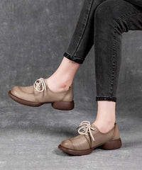 Brown Cowhide Leather Lace Up Splicing Flat Shoes For Women