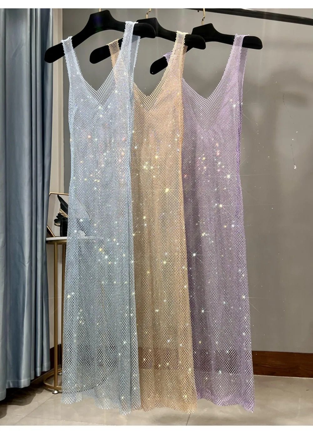 Dazzling Rhinestones Mesh  Sleeveless Dress