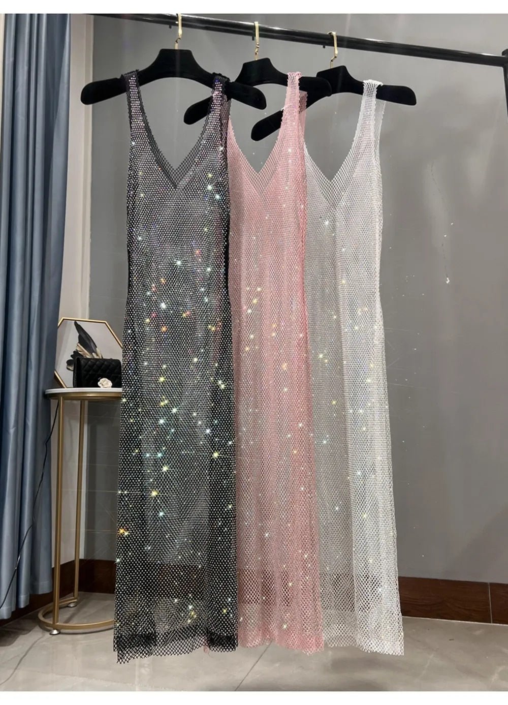 Dazzling Rhinestones Mesh  Sleeveless Dress