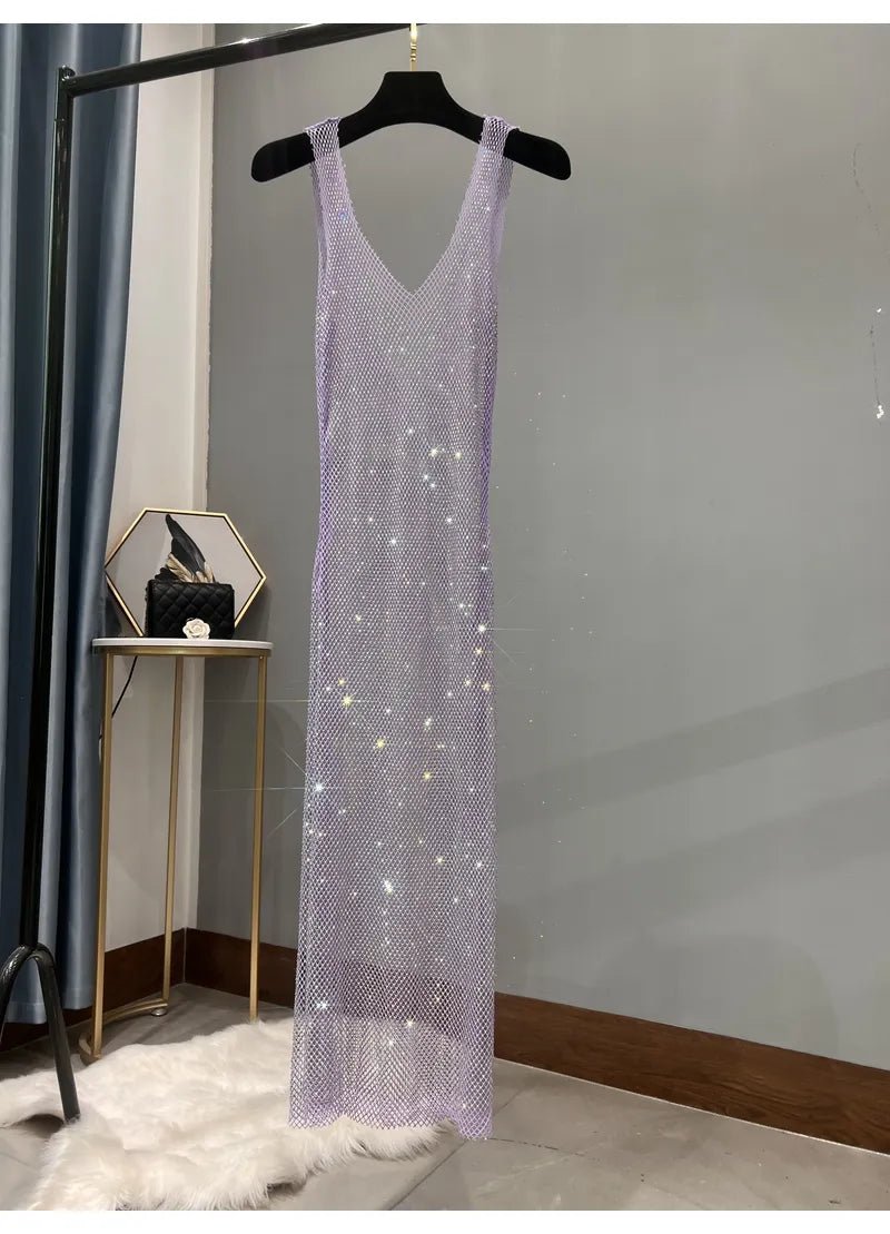 Dazzling Rhinestones Mesh  Sleeveless Dress