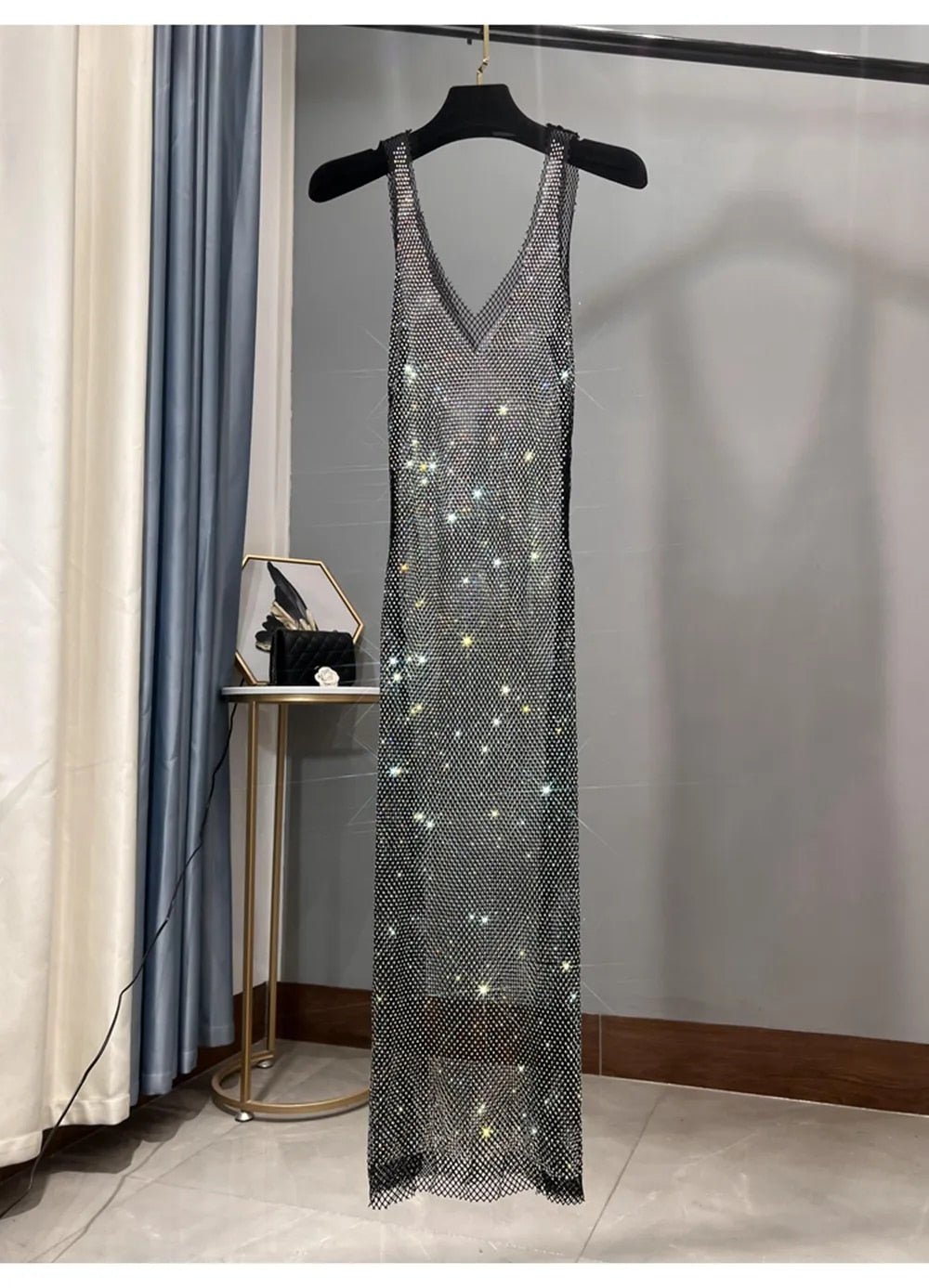 Dazzling Rhinestones Mesh  Sleeveless Dress