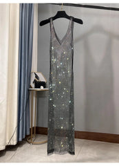 Dazzling Rhinestones Mesh  Sleeveless Dress