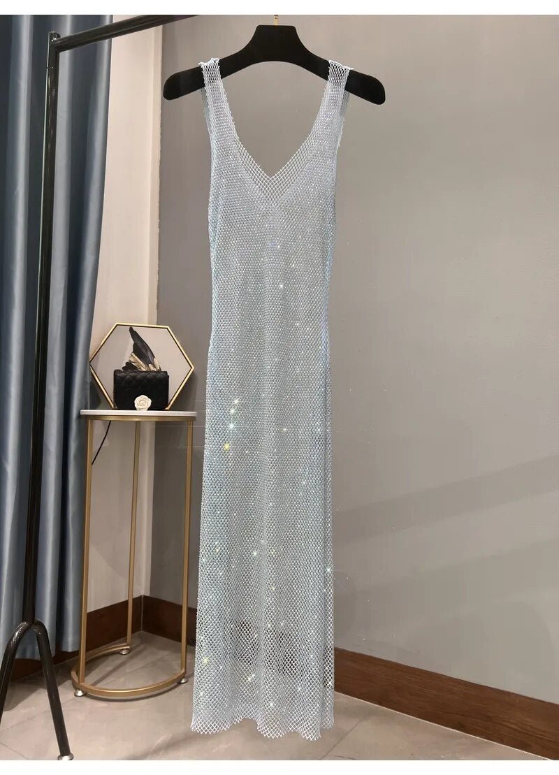 Dazzling Rhinestones Mesh  Sleeveless Dress