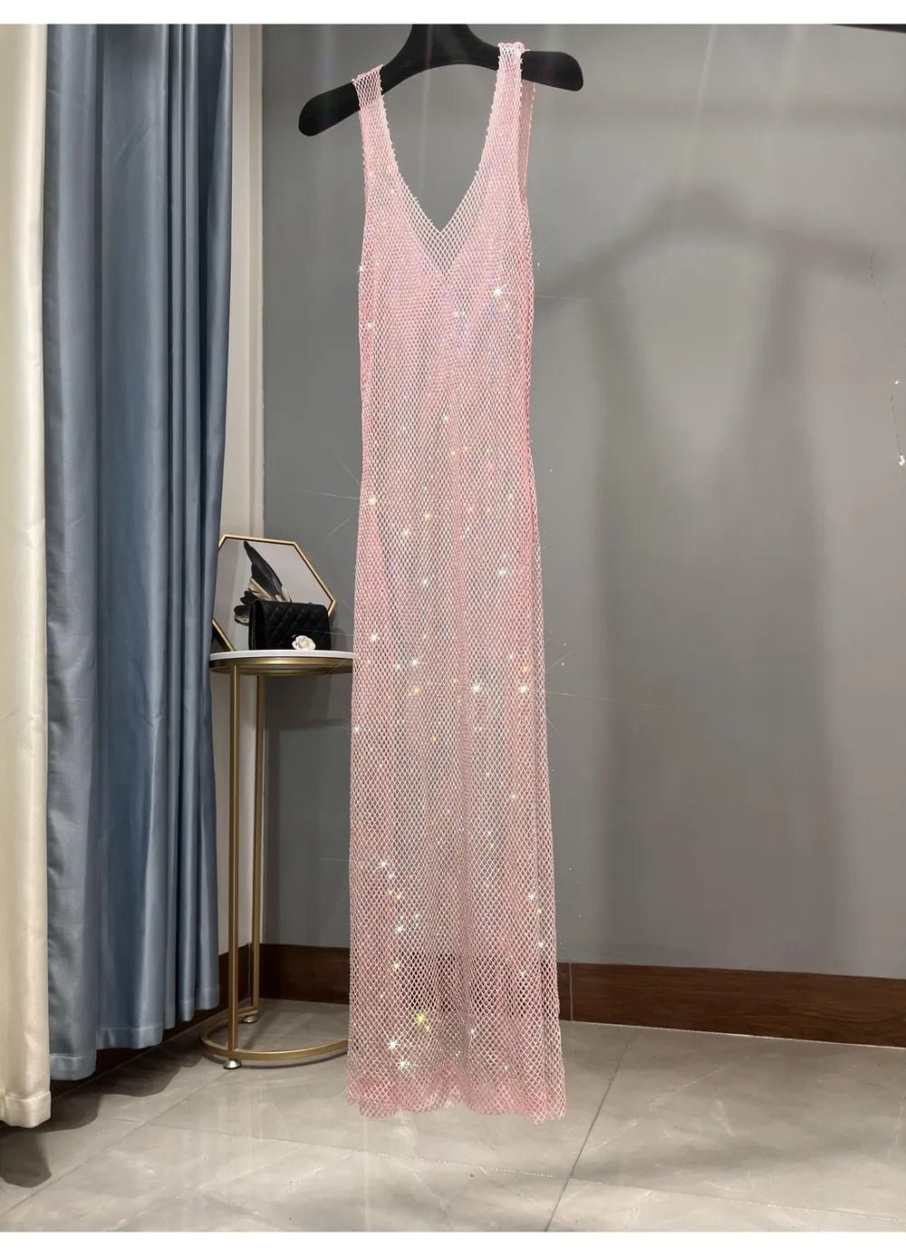 Dazzling Rhinestones Mesh  Sleeveless Dress