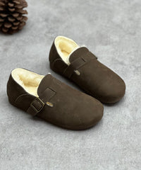 Coffee Cowhide Leather Flats Fuzzy Wool Lined Comfy Buckle Strap Flats