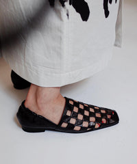 Fashion Black Cowhide Leather Hollow Out Loafer Shoes Splicing