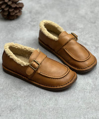 Coffee Flat Shoes For Women Cowhide Leather Casual Fuzzy Wool Lined Flat Shoes For Women