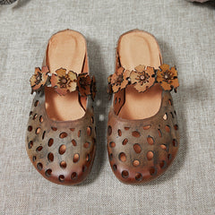 Women Vintage Floral Hollow Leather Slippers