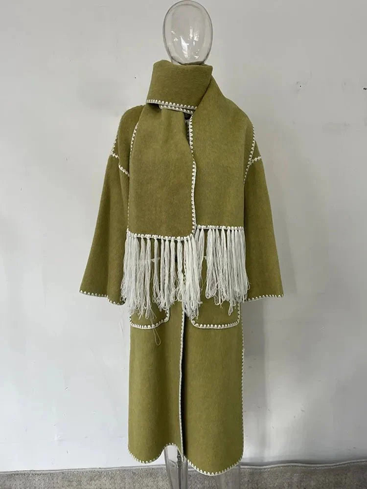 Decorative Edgestitch Scarf Patchwork Coat