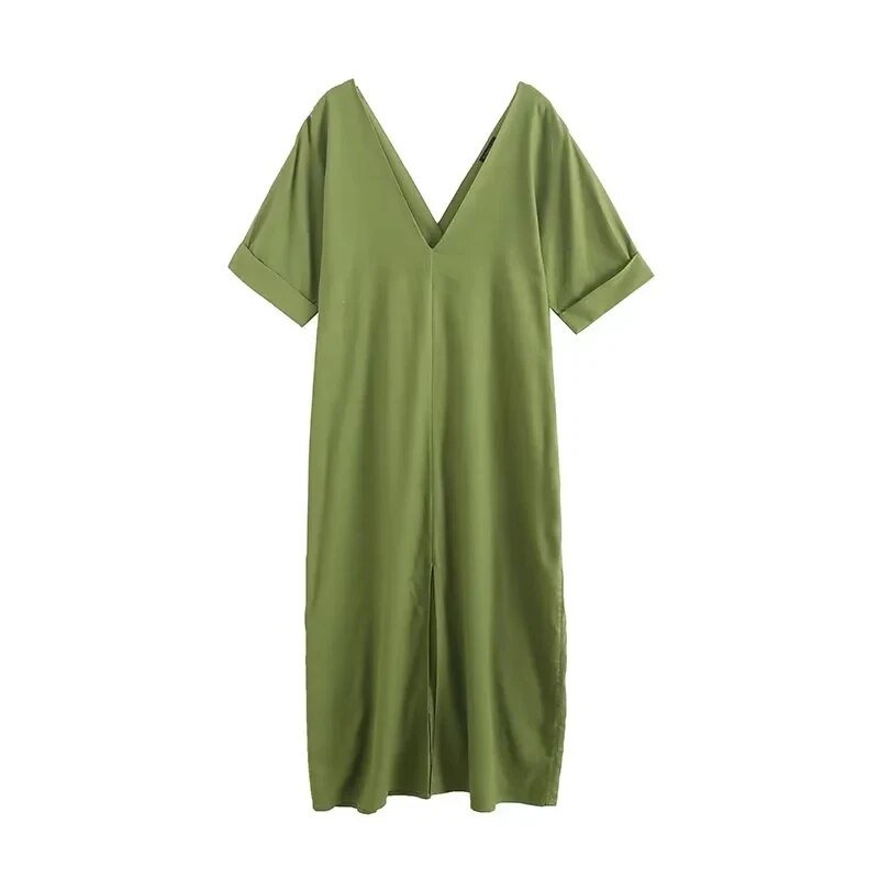 Deep V-Neck Sleeved Tunic Dress
