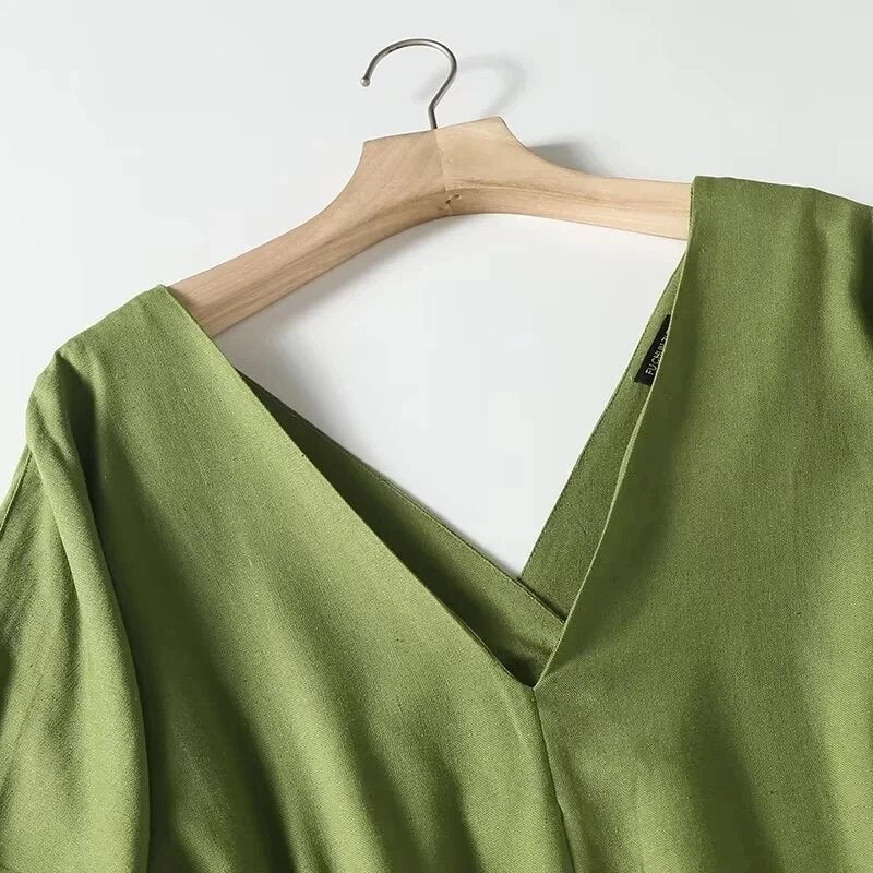 Deep V-Neck Sleeved Tunic Dress