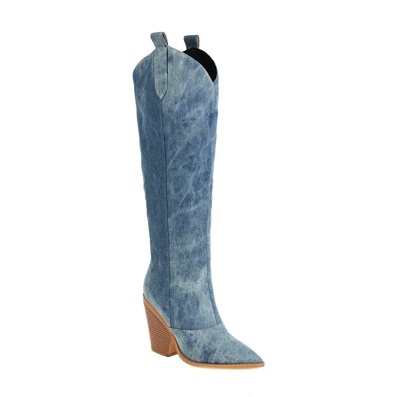 Denim Knee-High Cowboy Boots