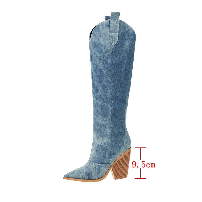 Denim Knee-High Cowboy Boots