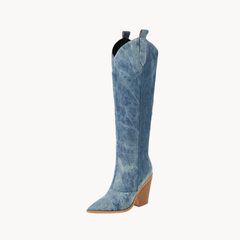 Denim Knee-High Cowboy Boots