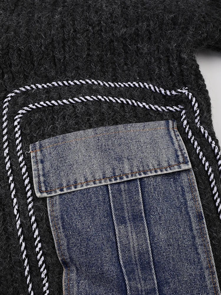 Denim Patch Pockets Knit Sweater