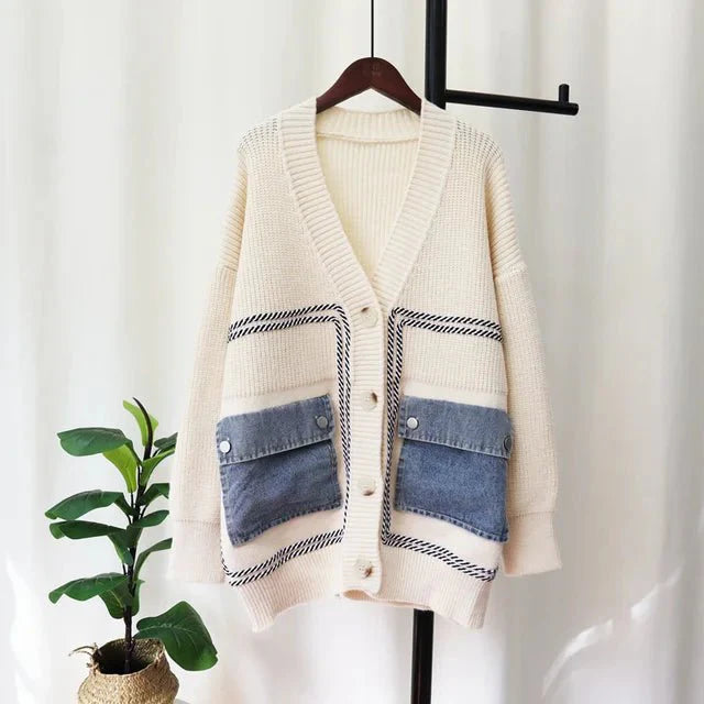 Denim Patchwork Pockets Knit Cardigan