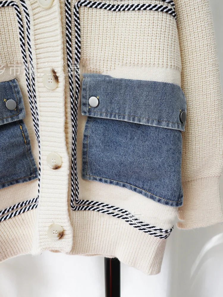 Denim Patchwork Pockets Knit Cardigan