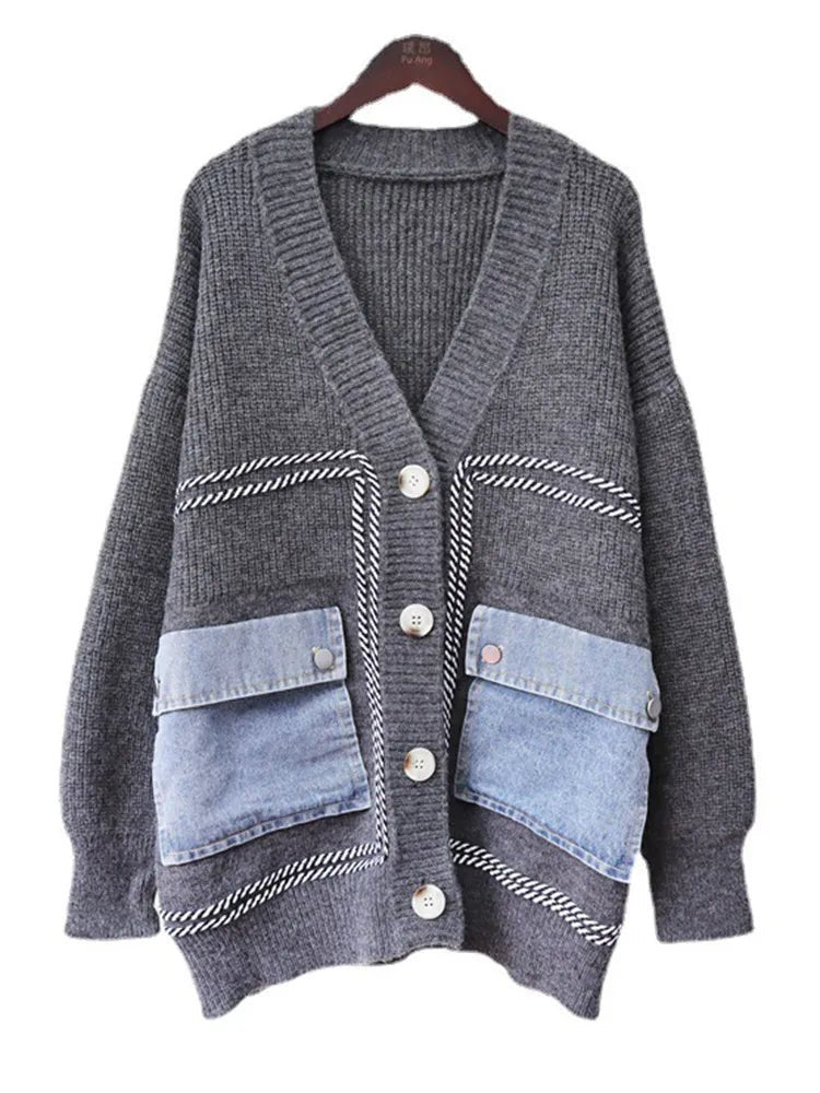 Denim Patchwork Pockets Knit Cardigan