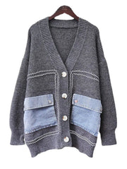 Denim Patchwork Pockets Knit Cardigan