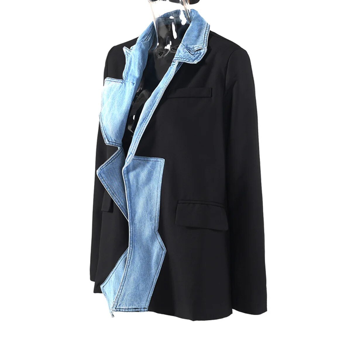 Denim Patchwork Turn Down Collar Blazer