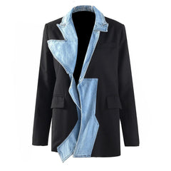 Denim Patchwork Turn Down Collar Blazer