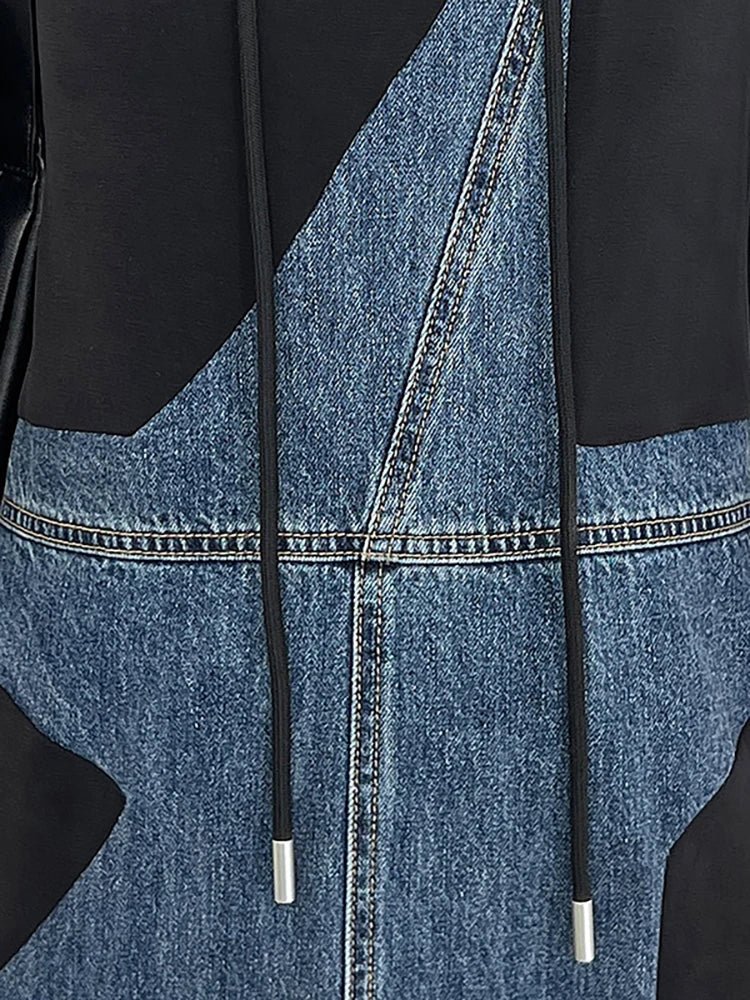 Denim Spliced Hooded Drawstring Dress