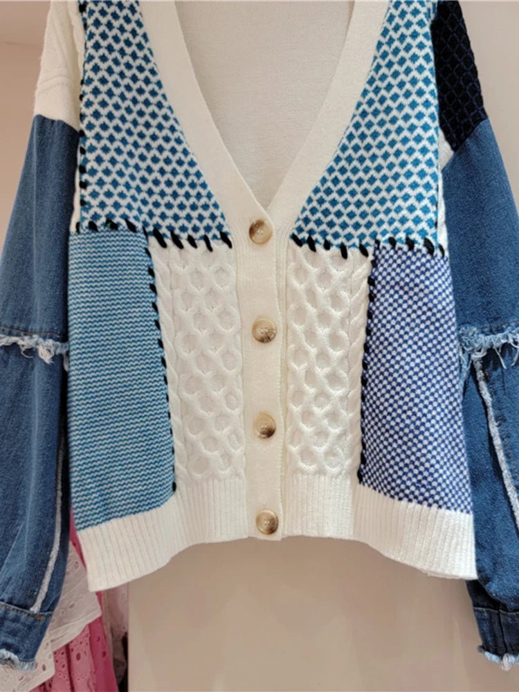 Denim Spliced Moroccan Knit Cardigan