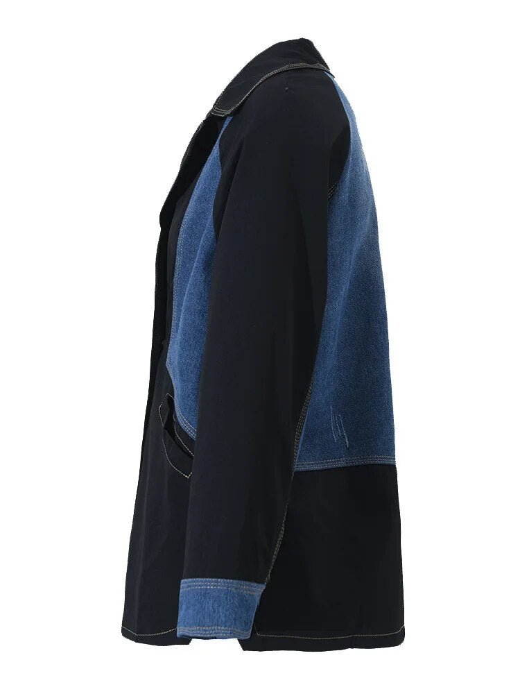 Denim Spliced Notched Collar Jacket