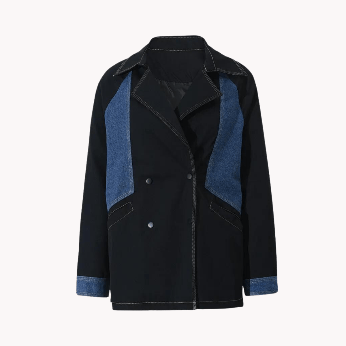 Denim Spliced Notched Collar Jacket