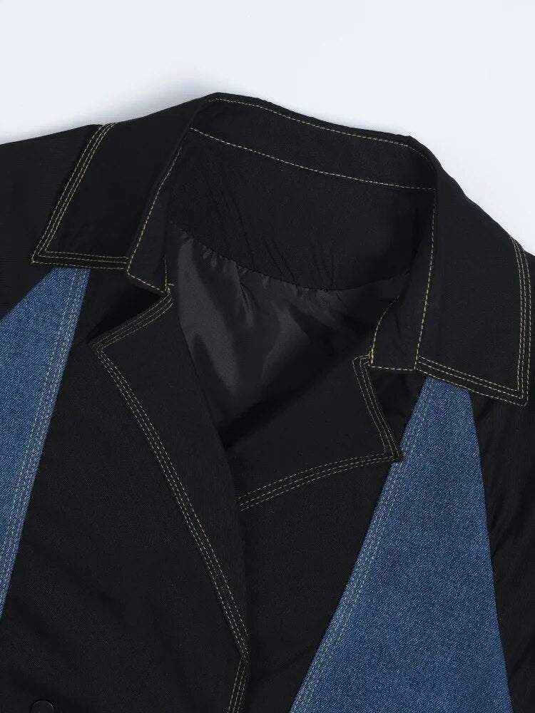 Denim Spliced Notched Collar Jacket