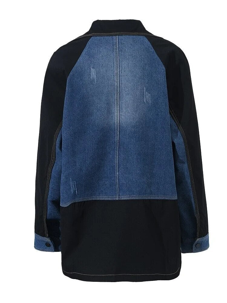 Denim Spliced Notched Collar Jacket