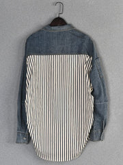 Denim Spliced Ruched Striped Shirt