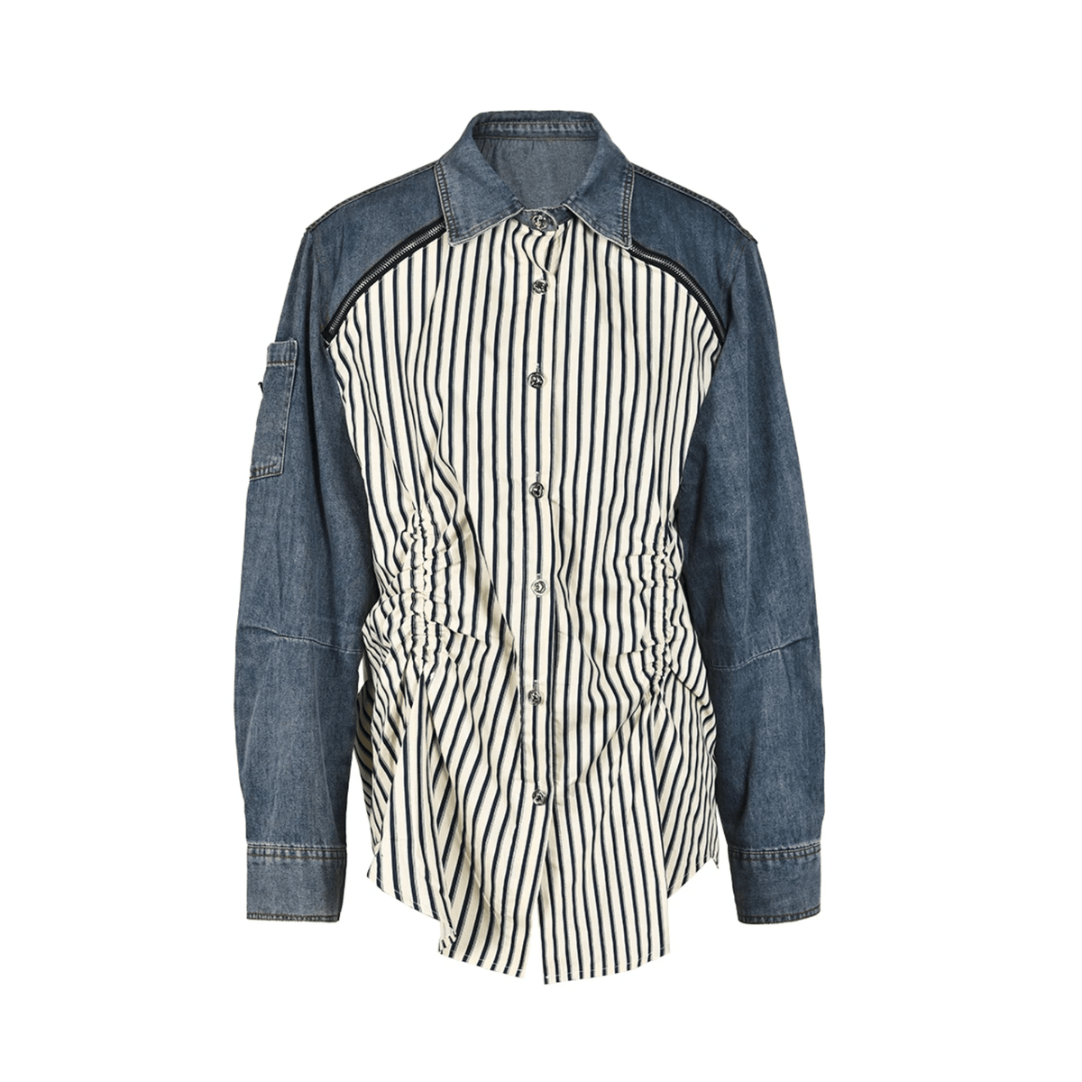 Denim Spliced Ruched Striped Shirt