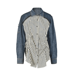 Denim Spliced Ruched Striped Shirt