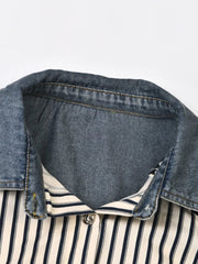 Denim Spliced Ruched Striped Shirt