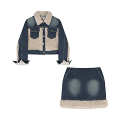 Denim Wool Patchwork Jacket+Skirt Set