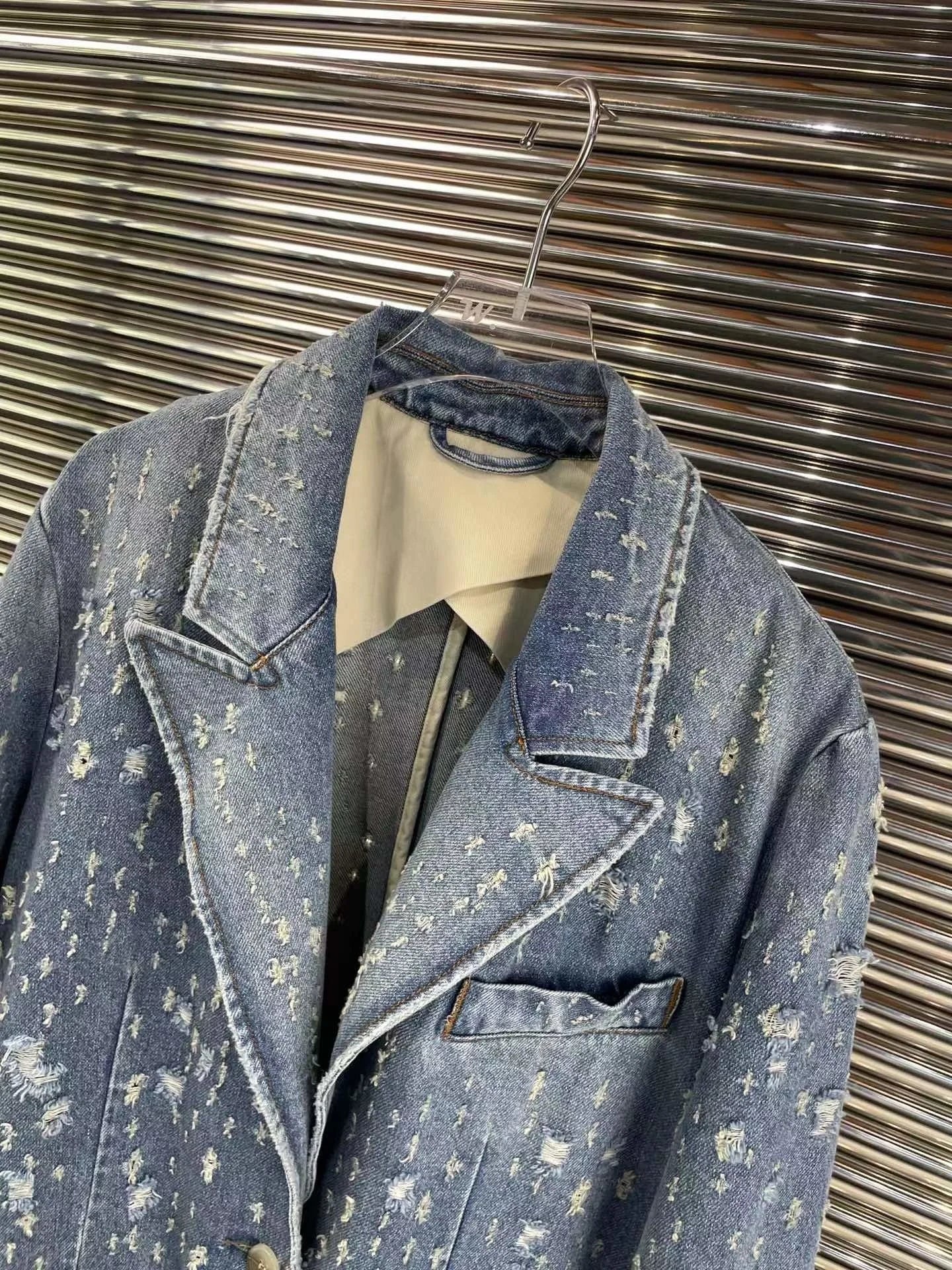 Distressed Single Button Denim Jacket
