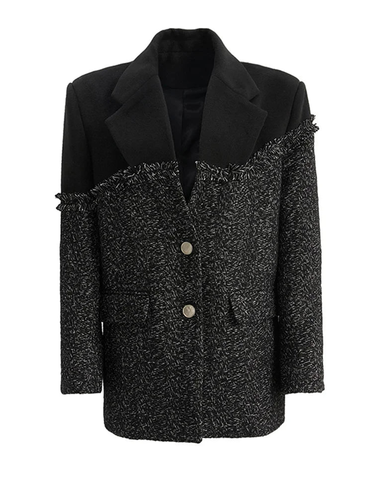 Double  Button Tweed Spliced Woolen Coat