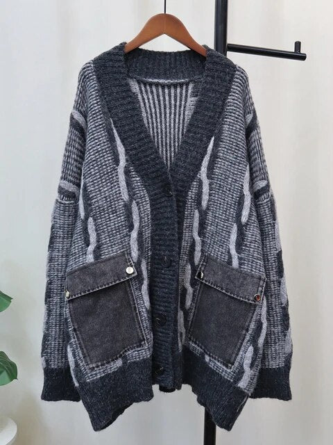 Double Denim Pockets Knit Sweater