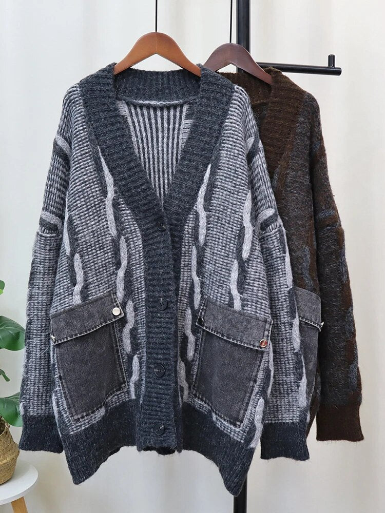 Double Denim Pockets Knit Sweater