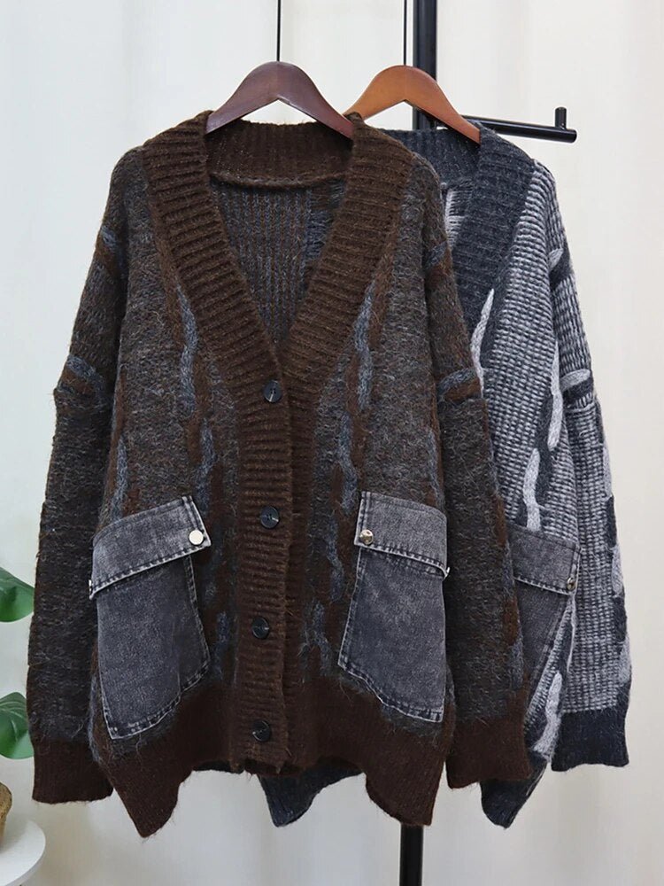 Double Denim Pockets Knit Sweater