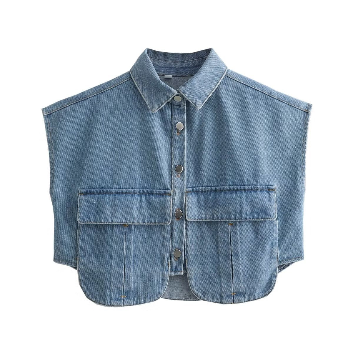 Double Pockets Cropped Denim Vest