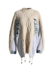 Drawstring Knit Denim Patchwork Sweater