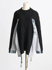 Drawstring Knit Denim Patchwork Sweater