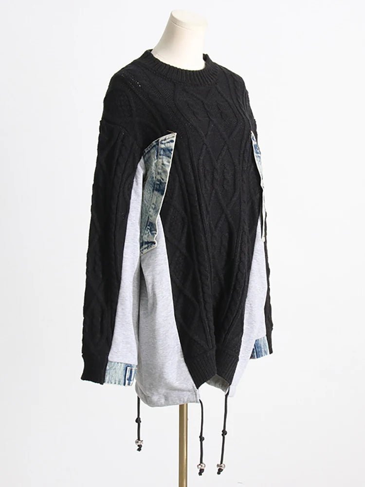 Drawstring Knit Denim Patchwork Sweater