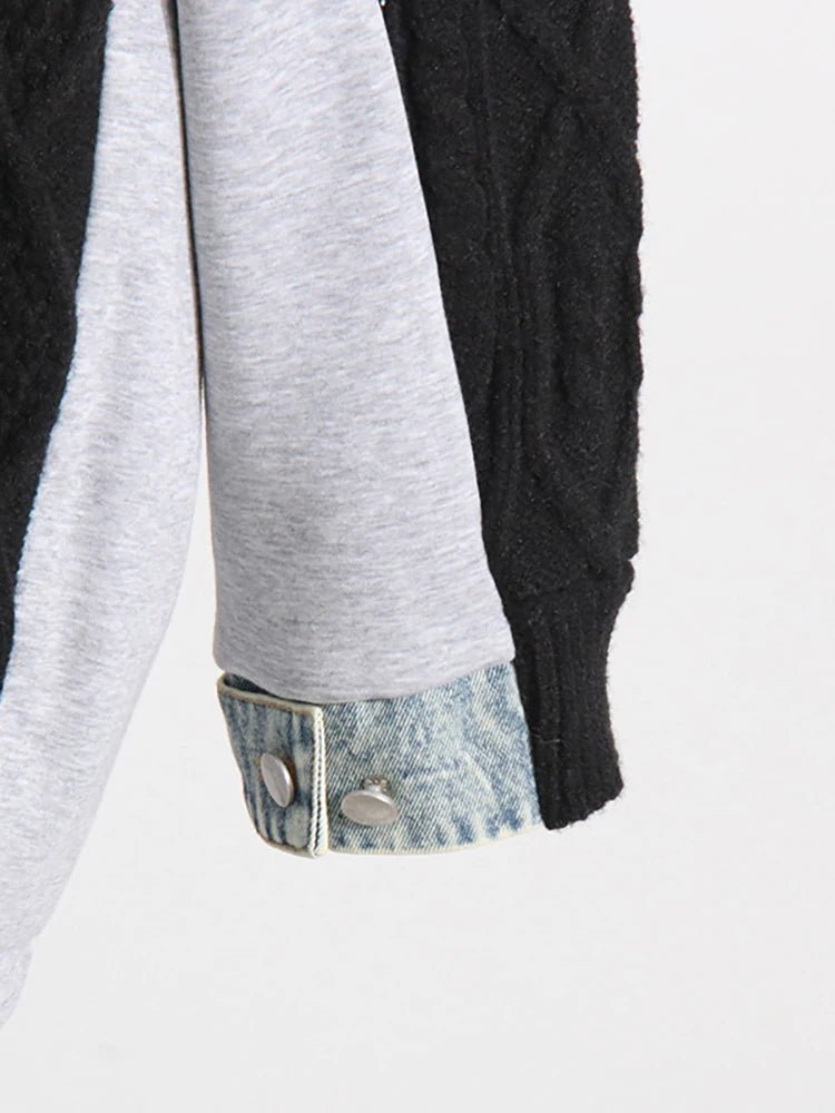 Drawstring Knit Denim Patchwork Sweater